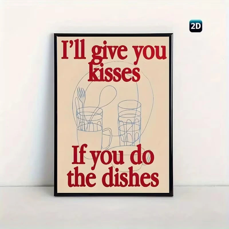 Funny "Kisses If You Do The Dishes" Kitchen Canvas Wall Art