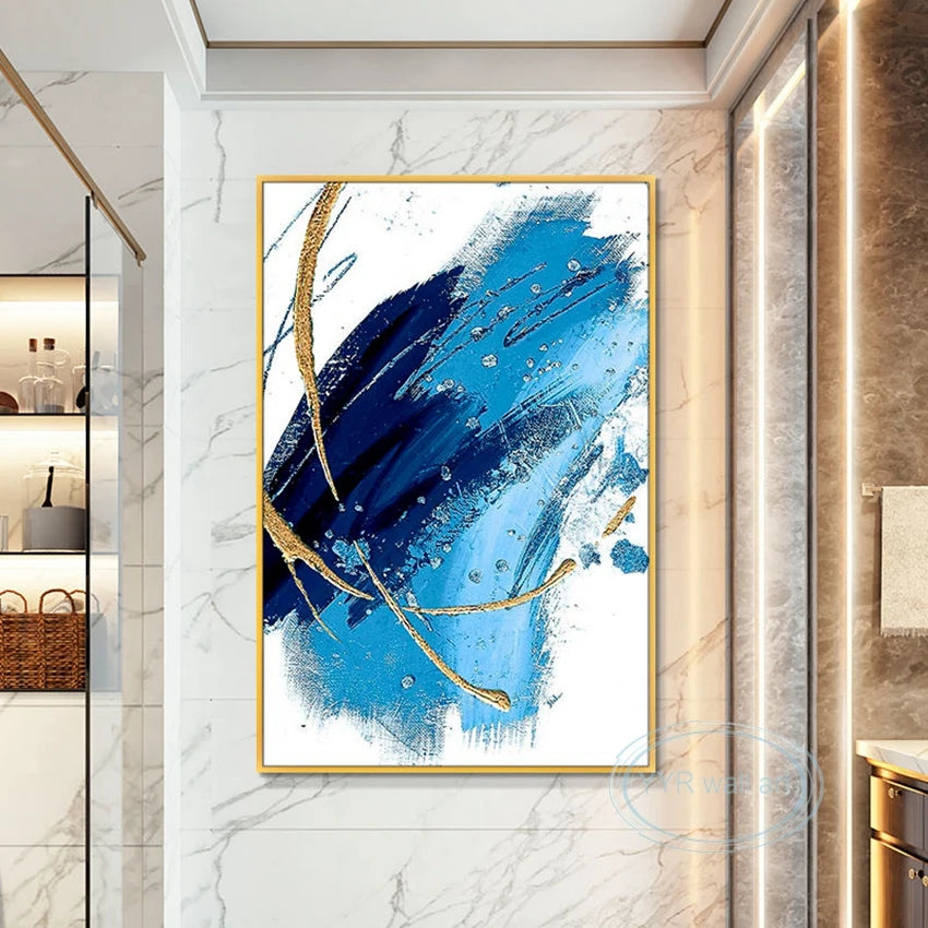 Canvas Wall Art Blue Oil Painting Handmade Gold Leaf Aesthetics Mural Living Room Bedroom Restaurant Porch Luxury Decor Poster Peaceful Pleasures Health and Wellness