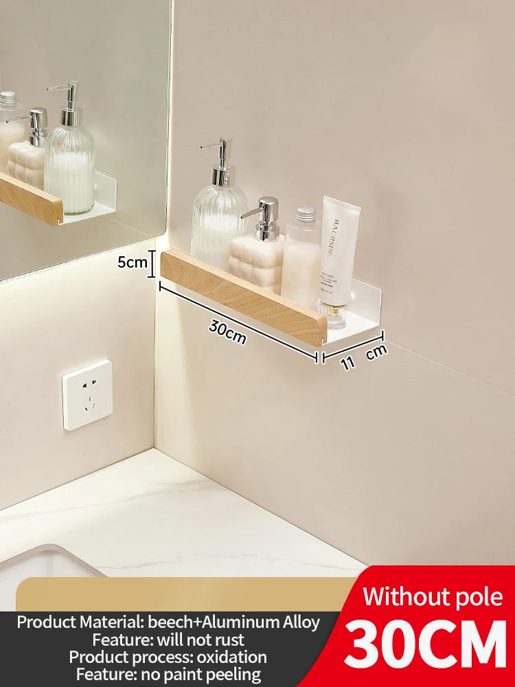 Wall-Mounted Wood & Aluminum Bathroom Shelf | Waterproof Storage