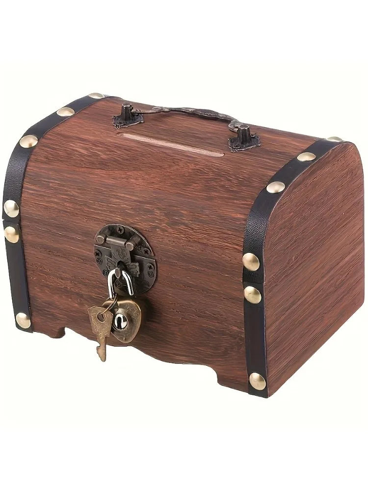 Vintage Wooden Piggy Bank with Lock, Retro Treasure Chest Coin Saving Box for Kids, Home Decor Money Storage Organizer Peaceful Pleasures Health and Wellness 1pc