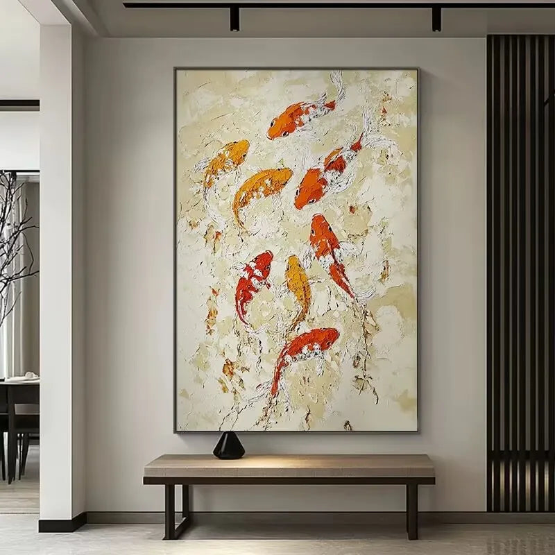 Modren Beautiful Home Wall Decor Pure Handmade Abstract Fishes Oil Painting On Canvas Poster Mural For Living Room Bedroom Porch Peaceful Pleasures Health and Wellness No frame 50cmx60cm