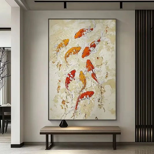 Modren Beautiful Home Wall Decor Pure Handmade Abstract Fishes Oil Painting On Canvas Poster Mural For Living Room Bedroom Porch Peaceful Pleasures Health and Wellness No frame 50cmx60cm