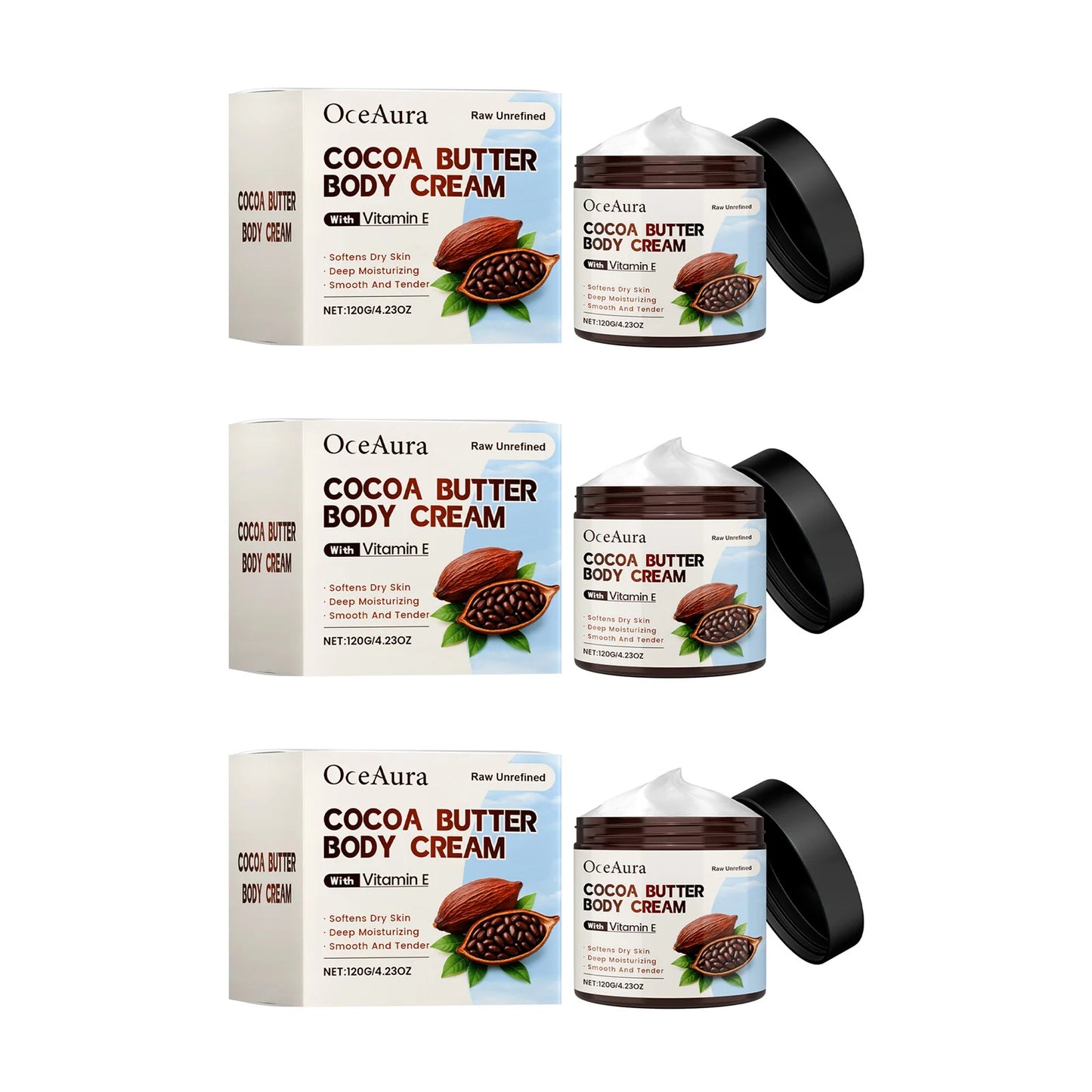 Cocoa Butter Body Lotion Intense Moisturizing Nourishing Cream Smooth Soft Skin Brightening Non-Greasy Winter Skin Care Peaceful Pleasures Health and Wellness 3 x 120g Boxed