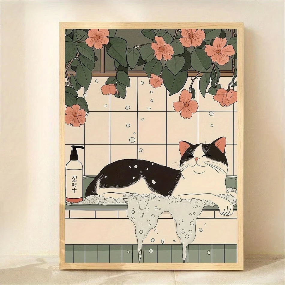 Japanese Black Cat Canvas Wall Art Print | Home Decor