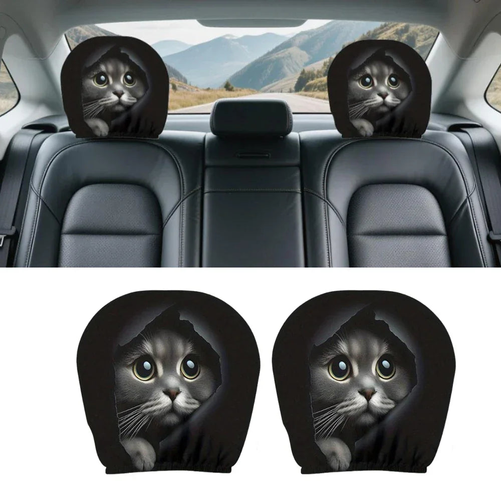 2 pieces of realistic car headrest covers with cute cats showing their faces, washable and stretchable, car interior decoration Peaceful Pleasures Health and Wellness