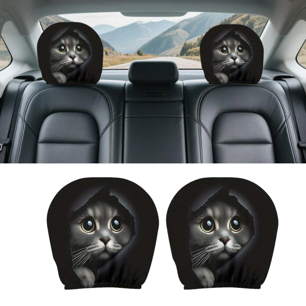 Cute Cat Car Headrest Covers – Washable, Stretch Fit (2 Pack)