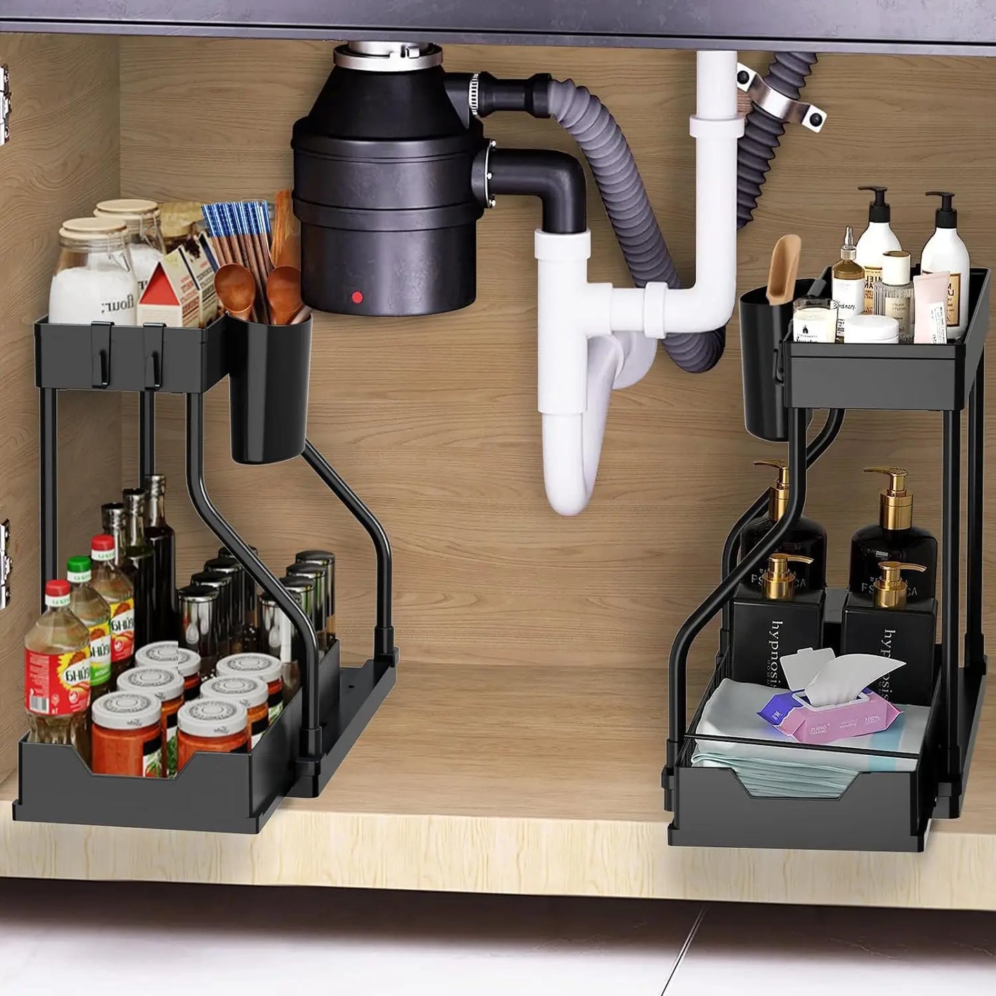 Under Sink Pull-Out Organizer with Hooks, Shelf & Spice Rack
