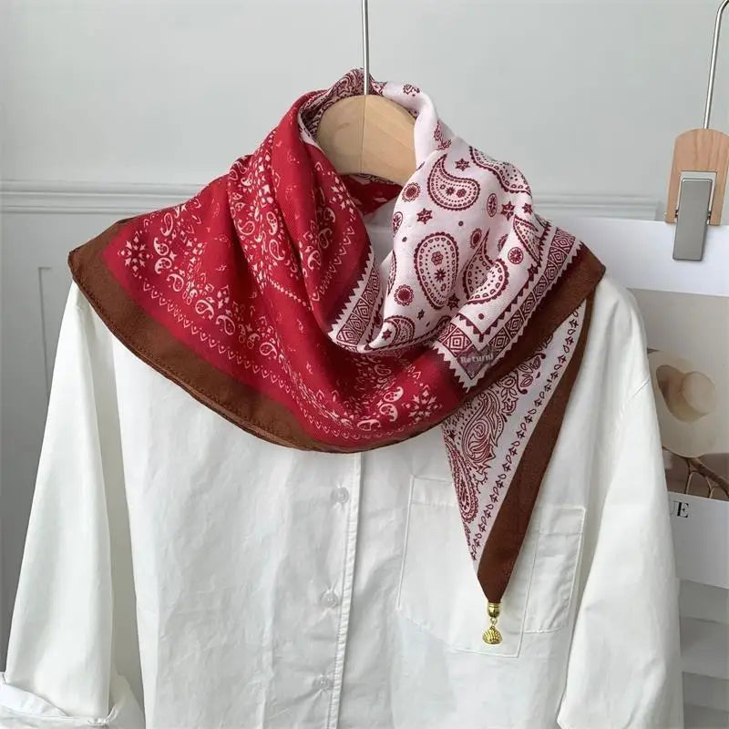 70x70 Retro Print Square Silk Scarf with Magnetic Buckle