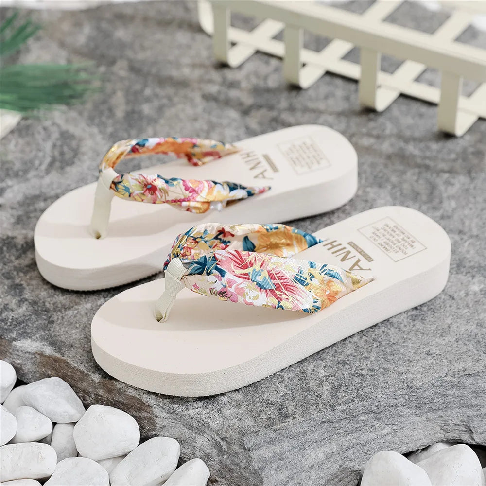 Women's Floral Bohemian Flip Flops | Satin Strap Beach Slippers