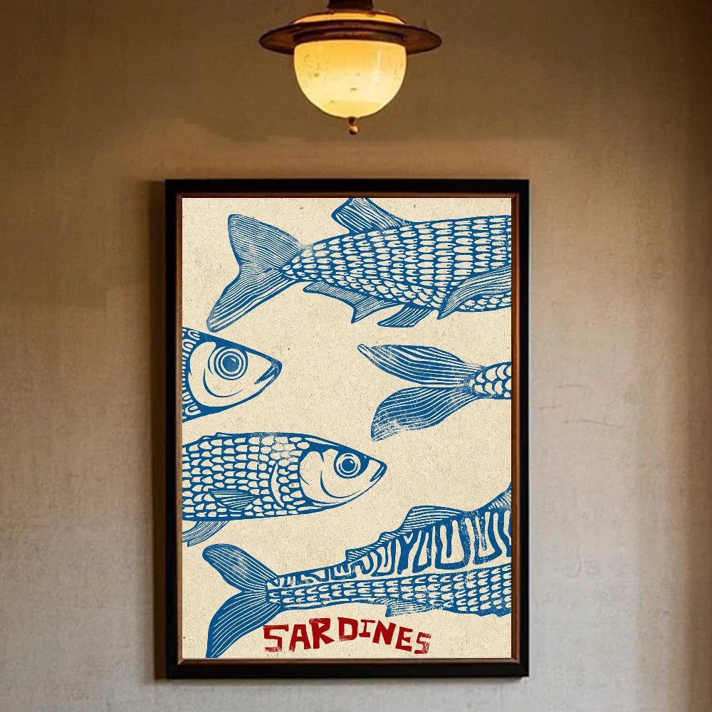 Colorful Sardines & Lobsters Canvas Wall Art | Ocean Fish Print