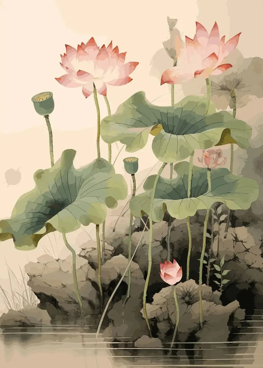 Chinese Lotus Flower Canvas Wall Art Print | Unframed Poster