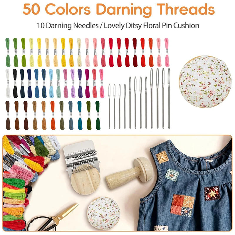 Ultimate Weaving & Darning Kit – Mini Loom, 14 Hooks, 50 Threads