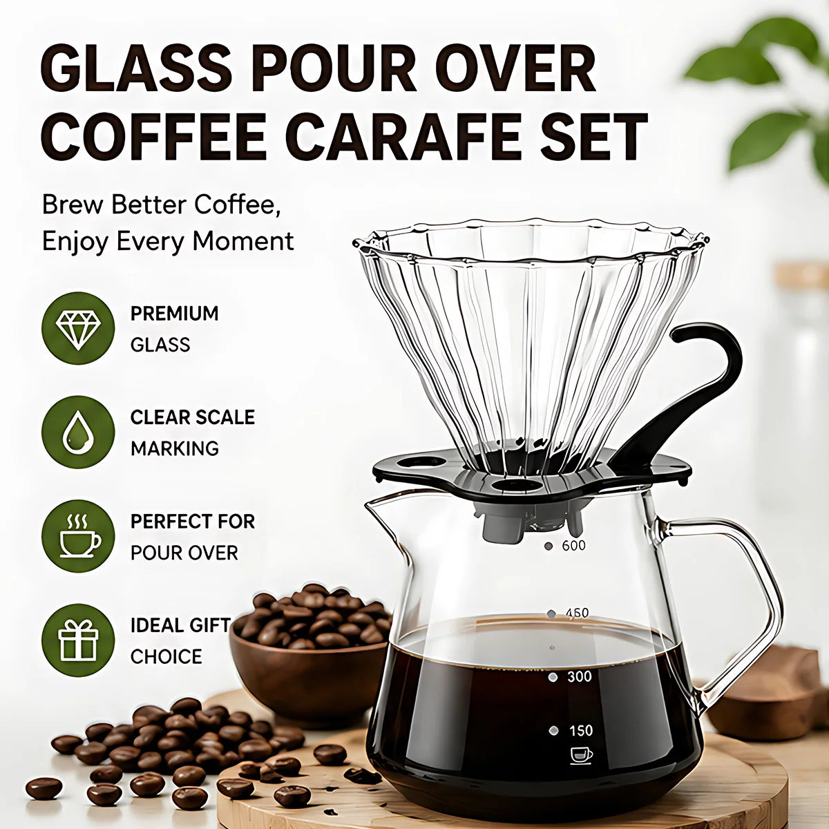 Pour Over Coffee Maker, 20OZ /600ML Glass Carafe Coffee Server with Glass Coffee Dripper, Drip Coffee Maker Set, 1-5 Cups Peaceful Pleasures Health and Wellness