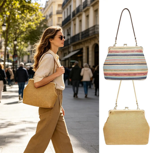 Retro Large Straw Tote Bag For Women, Kiss-Lock Woven Purse, Summer Beach Travel Vacation Grocery College Market, Spring & Even Peaceful Pleasures Health and Wellness