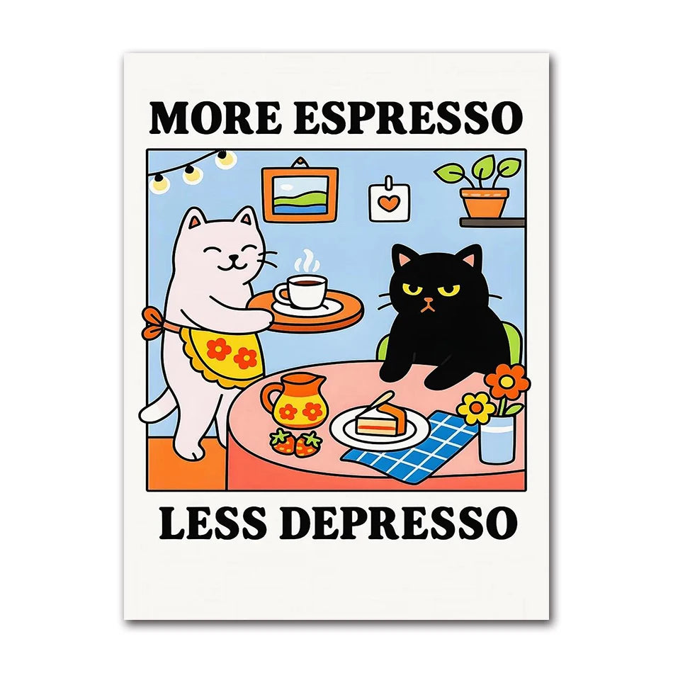 Cat with Cocktail Smoking Poster Canvas Painting Print Wall Art for Living Room Home Decor More Spaghetti, Less Upsetti Black Peaceful Pleasures Health and Wellness