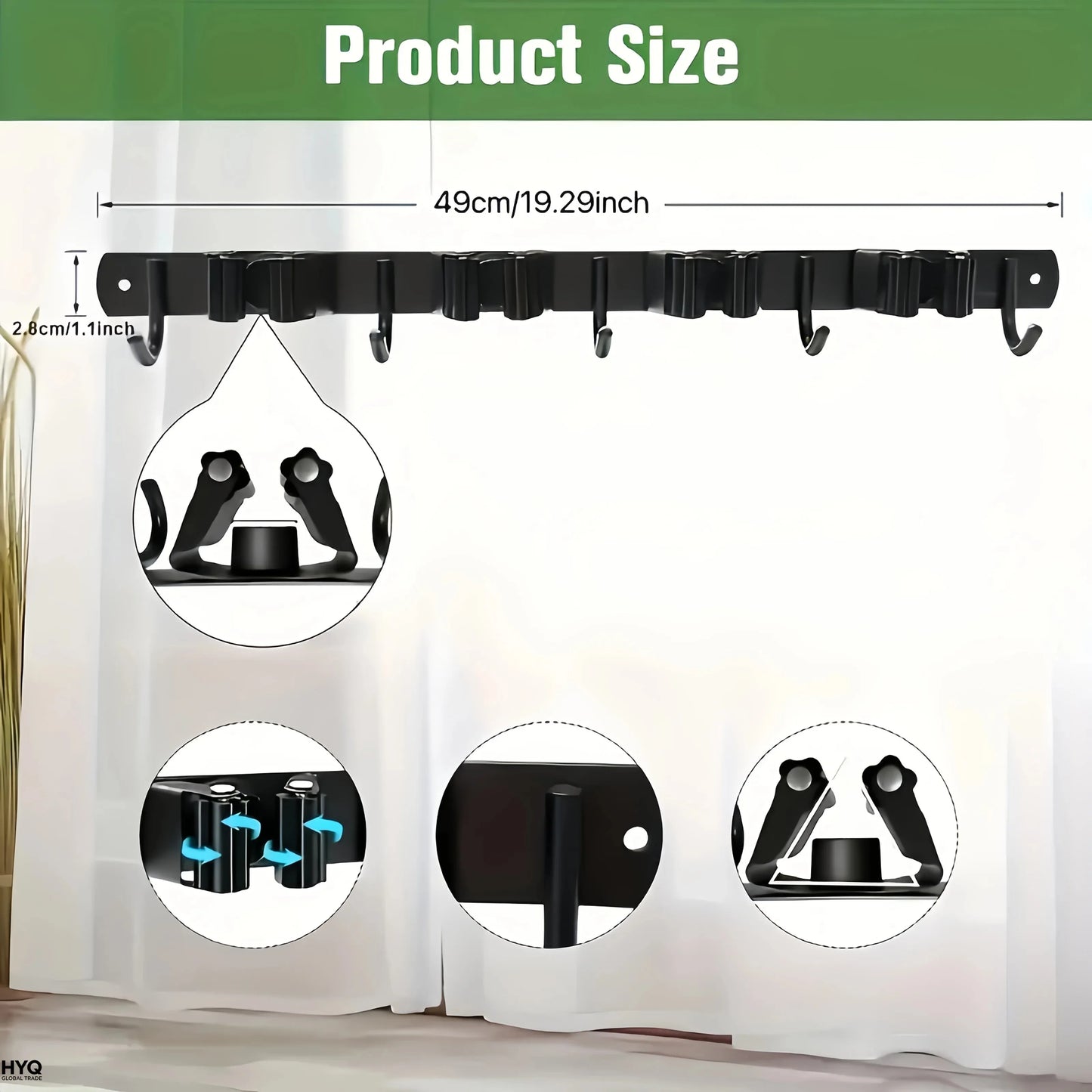 1 Heavy-duty Metal Tool Rack 4 Slots 5 Hooks Wall-mounted Garden