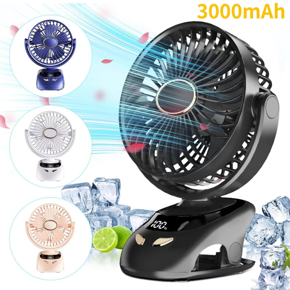 Portable USB Clip-On Desk Fan | 5-Speed, LED Display, Rechargeable