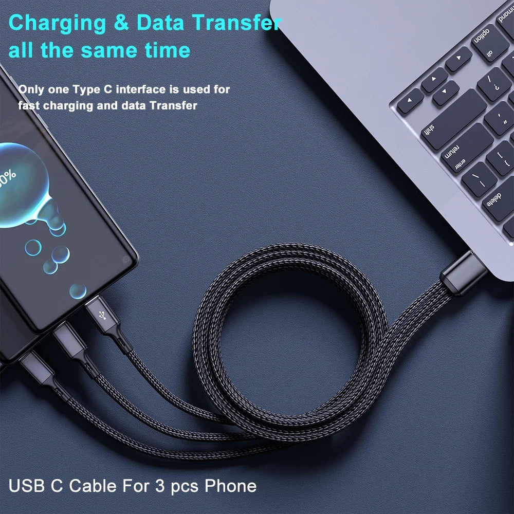 3-in-1 USB to Triple USB-C Cable 100W 6A Fast Charge