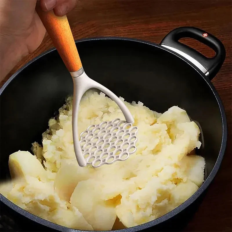 Aluminum Manual Potato Masher Meat Potato Pressor Tool Whisk Food Cutter Crusher Wood Handle Garlic Pusher Kitchen Gadgets Peaceful Pleasures Health and Wellness