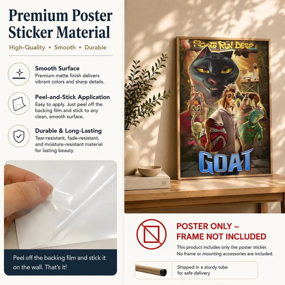 Movie-Goat Poster HD Self Adhesive Waterproof Wall Art Ideal for Home Office Dorm Bedroom Great Gift Peaceful Pleasures Health and Wellness