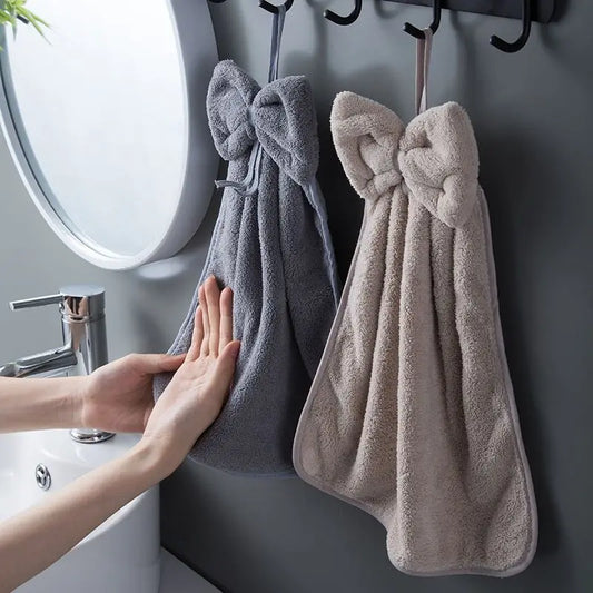 Bow Hanging Hand Towel – Absorbent Coral Fleece Kitchen & Bath Hand Towel Peaceful Pleasures Health and Wellness