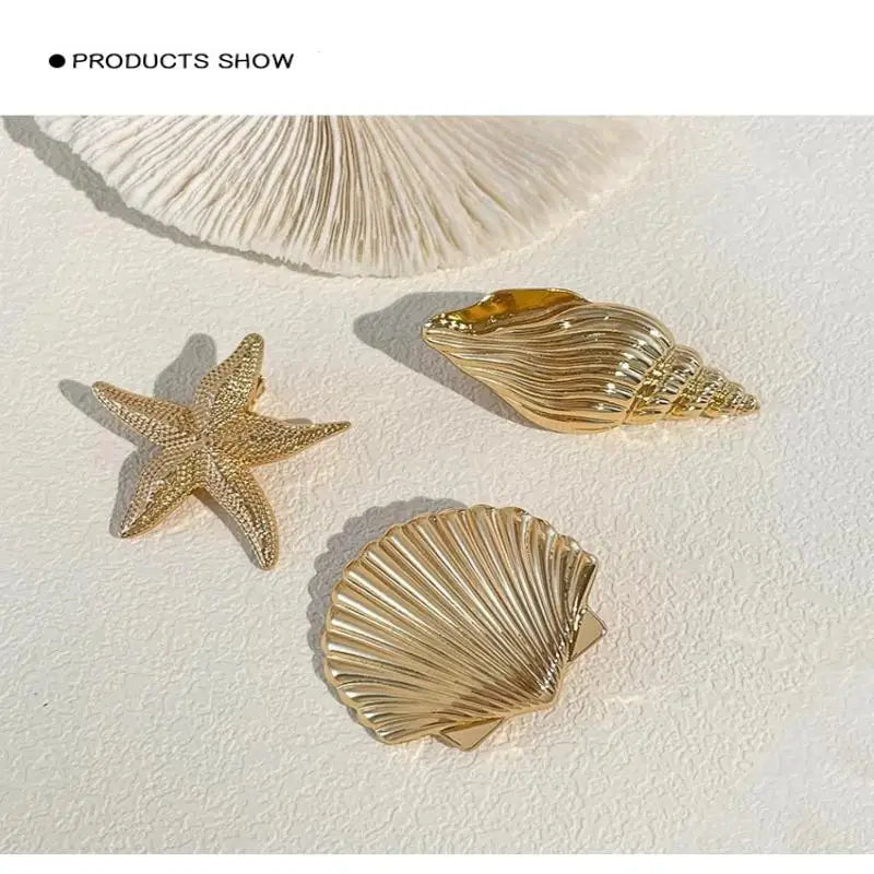 3-Pack Ocean Gold Hair Clips – Starfish, Shell & Conch