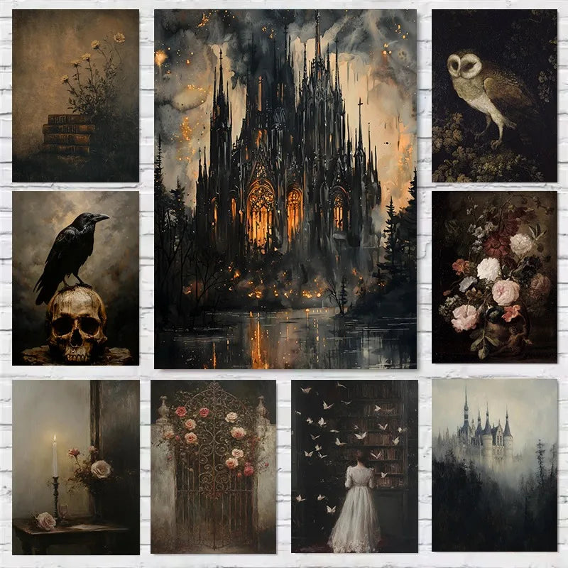 Dark Academia Antique Gothic Castle Wildflowers and Books Crow Owl Animal Poster Canvas Painting Wall Art Pictures Home Decor Peaceful Pleasures Health and Wellness