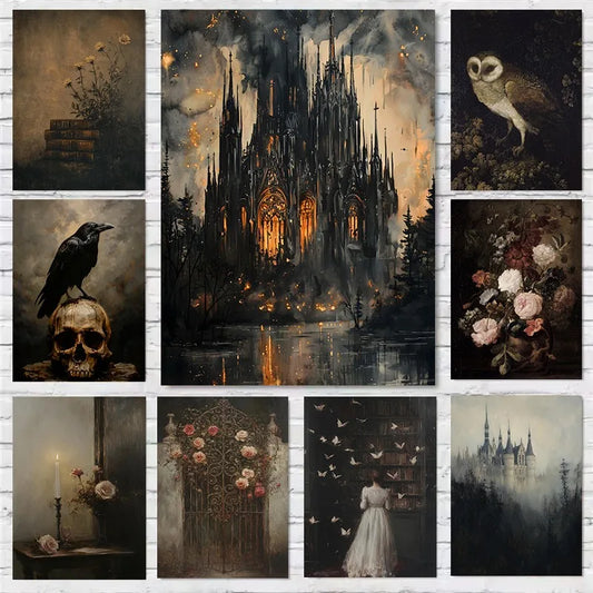 Dark Academia Antique Gothic Castle Wildflowers and Books Crow Owl Animal Poster Canvas Painting Wall Art Pictures Home Decor Peaceful Pleasures Health and Wellness