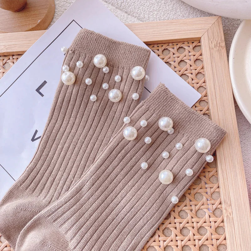 1 Pair of Women's Fashionable Pearl Decorative Socks, Cute Princess Style Mid Calf Korean Style Socks, Clothing Accessories Peaceful Pleasures Health and Wellness Khaki One Size
