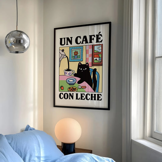 Cartoon Cat Café Con Leche Canvas Wall Art Print | Kids Room Canvas Wall Art Peaceful Pleasures Health and Wellness