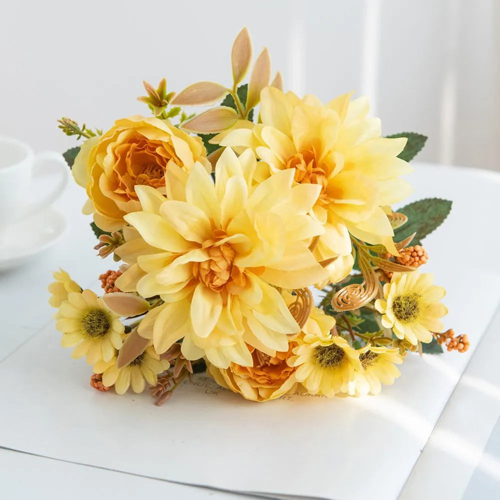 Silk Artificial Dahlia Rose Daisy Bouquet | Wedding & Party Decor