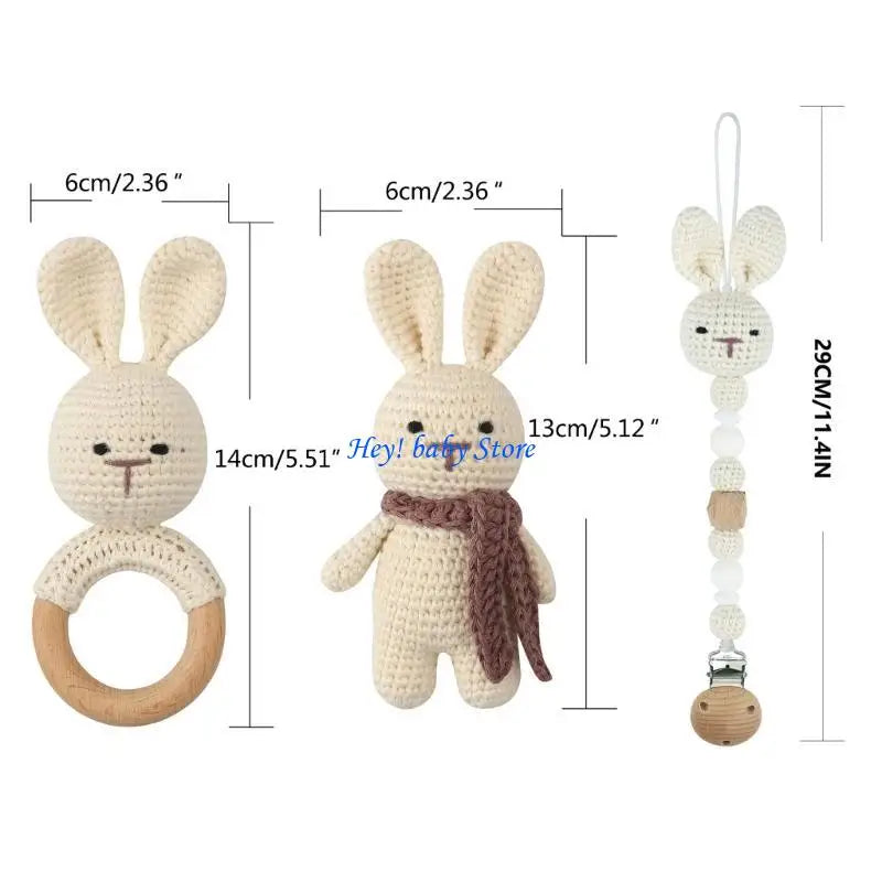 3-Piece Baby Crochet Bunny Rattle & Pacifier Clip Gift Set