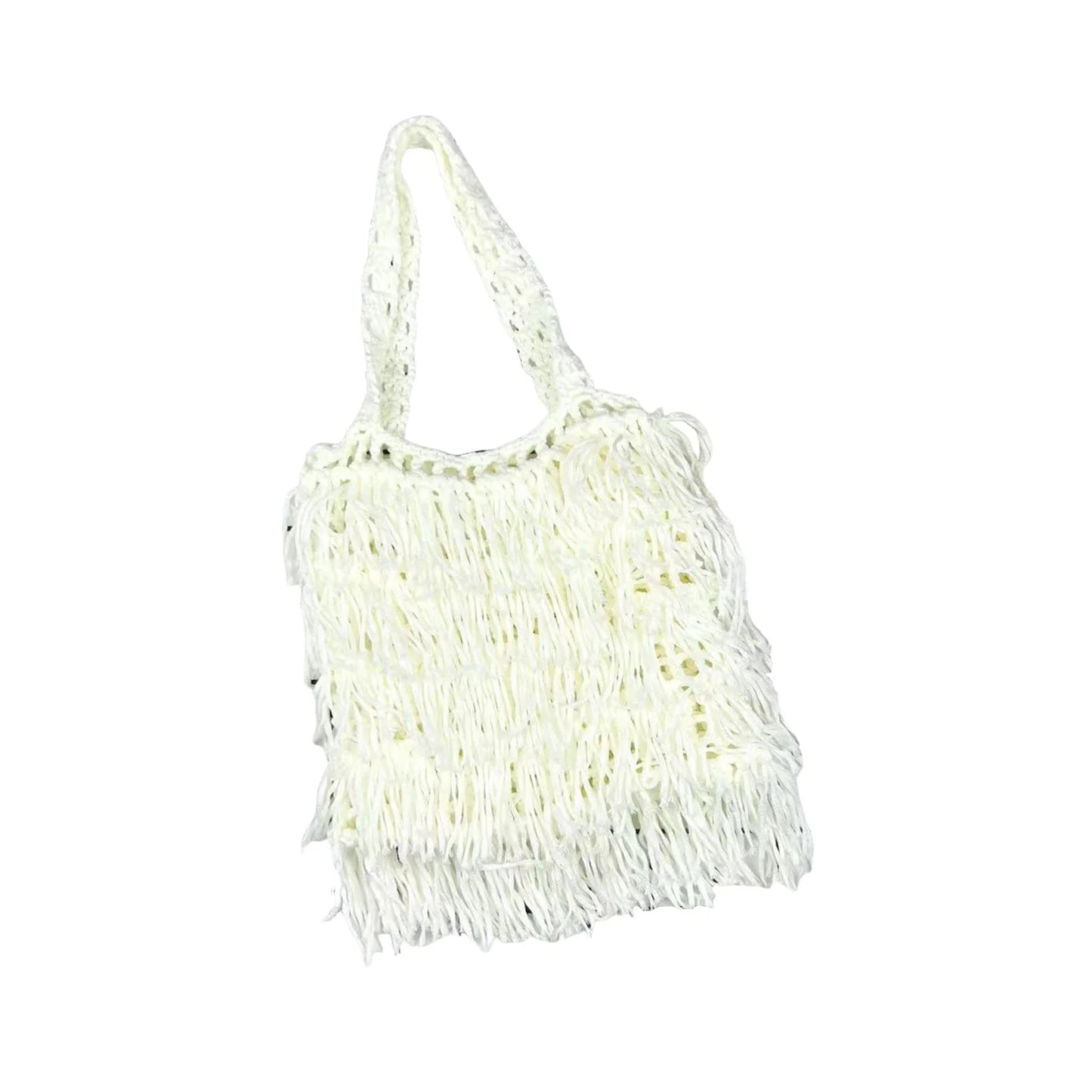 Women's Ethnic Style Woven Shoulder Bag Solid Color Fringe Design Casual Handbag with Adjustable Strap for Daily Use Peaceful Pleasures Health and Wellness WHITE