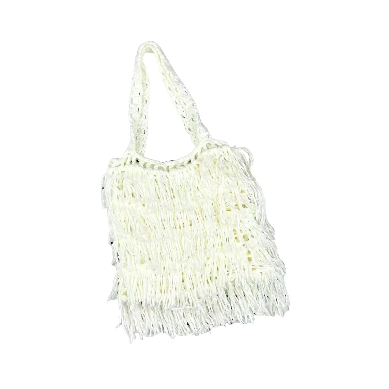 Women's Ethnic Style Woven Shoulder Bag Solid Color Fringe Design Casual Handbag with Adjustable Strap for Daily Use Peaceful Pleasures Health and Wellness WHITE