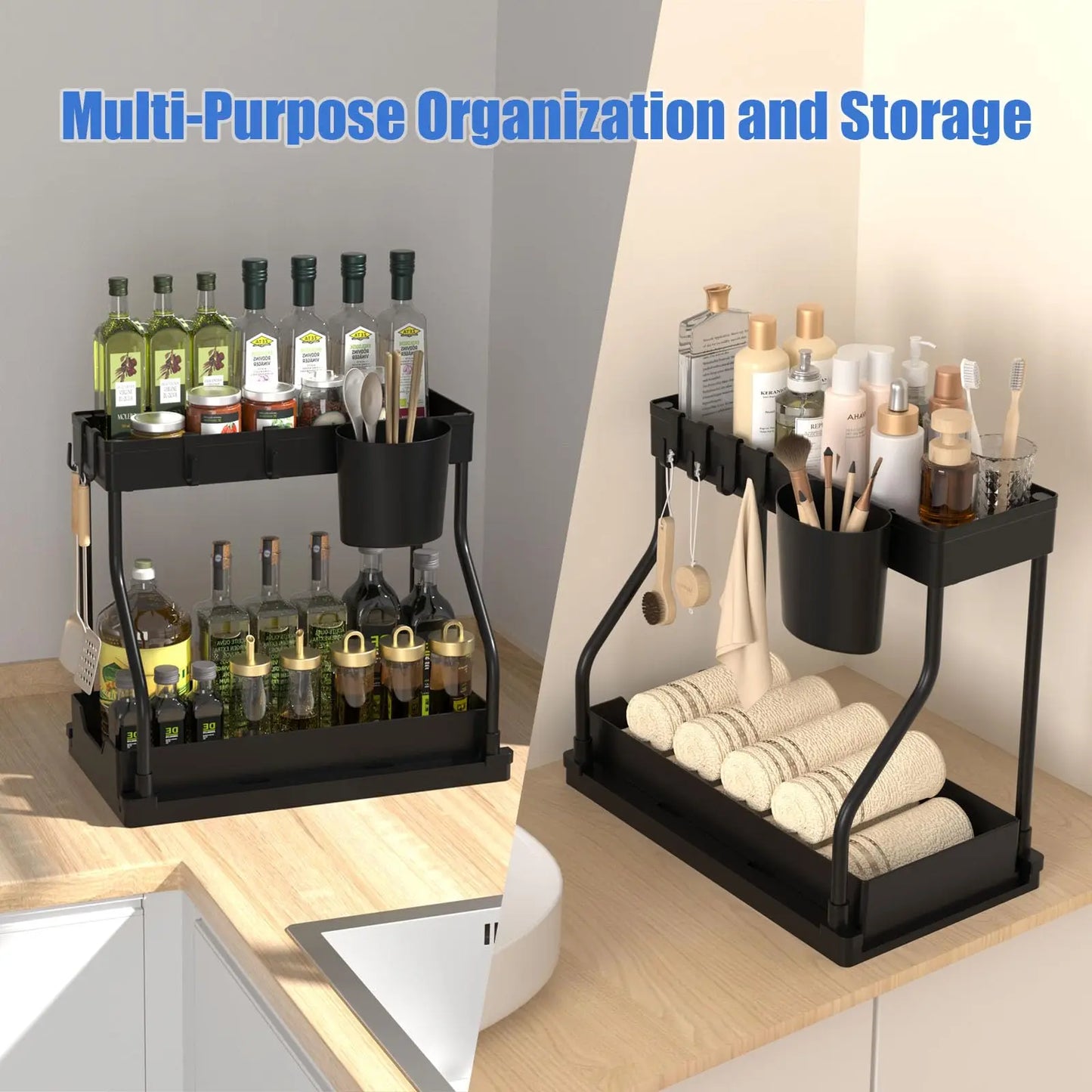 Under Sink Pull-Out Organizer with Hooks, Shelf & Spice Rack