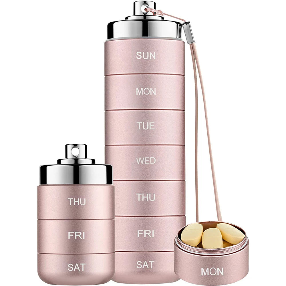 New Portable Pill Case for Travel Metal Pill Organizer Waterproof Pill Box Pill Case Container Medicine Bottle Organizer Weekly Peaceful Pleasures Health and Wellness 01 ROSE Gold