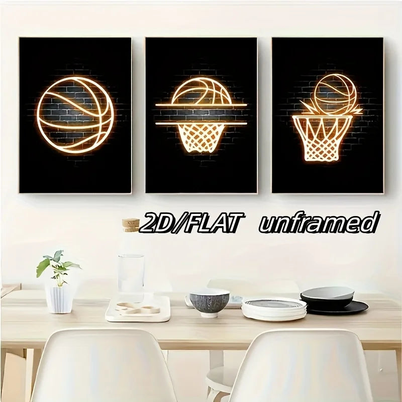 2D Flat, 3pcs Basketball Posters and Prints Wall Art, Modern Murals, Teenage Boys Room Decoration Picture, Frameless Peaceful Pleasures Health and Wellness