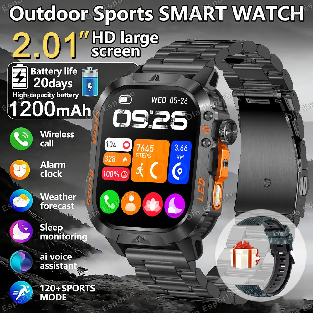Military Outdoor Smartwatch Men | LED Flashlight, BT Calling