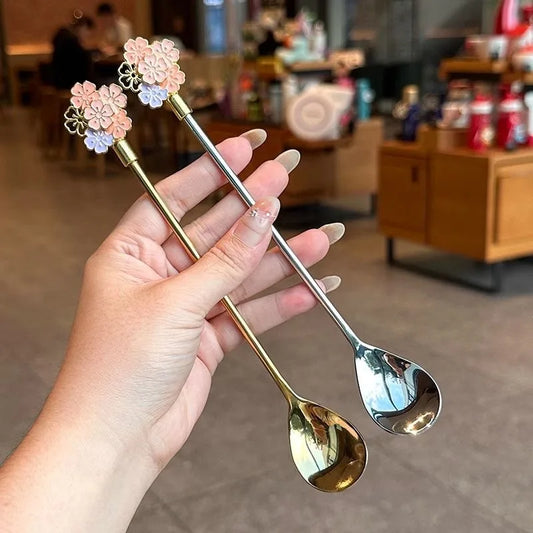 Hot 1Pc Stainless Steel Cherry Blossom Spoon Fork Coffee Spoon Kitchen Star Long Handle Stirring Spoons Kitchen Coffee Tableware Peaceful Pleasures Health and Wellness