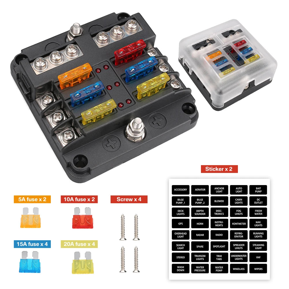 6/12 Ways Fuse Box Set LED Warning Indicator 12V 32V Power Distribution Panel Car Boat Fuse Box Holder With Plastic Cover ﻿ Peaceful Pleasures Health and Wellness 6 WAYS