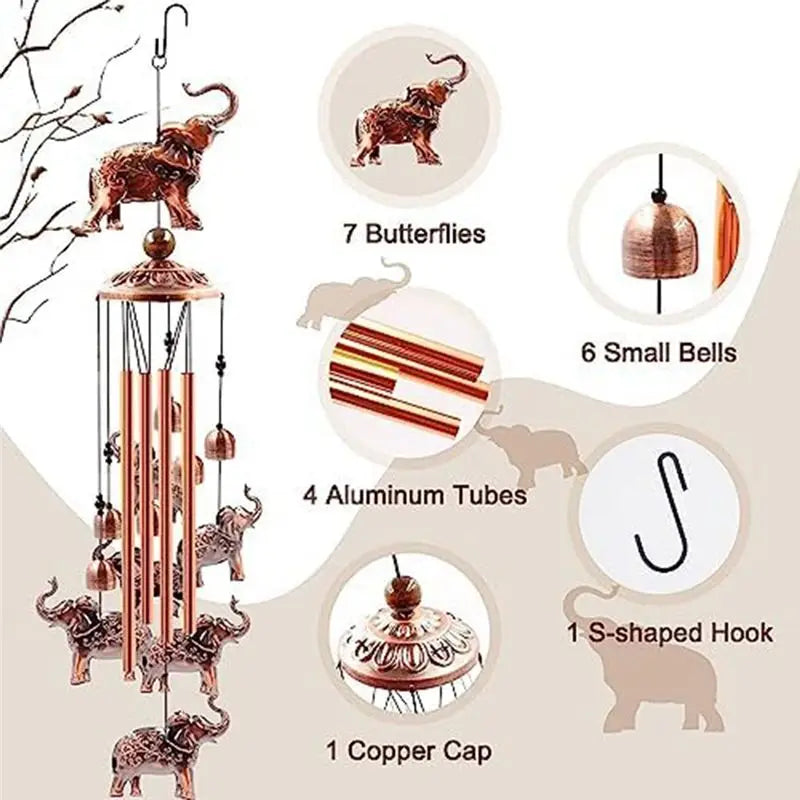 A36T-1 PCS Elephant Chimes For Elephant Windchimes Decoration Garden Decor Iron 4 Aluminum Tube Windchime With S Hook Memorial W Peaceful Pleasures Health and Wellness