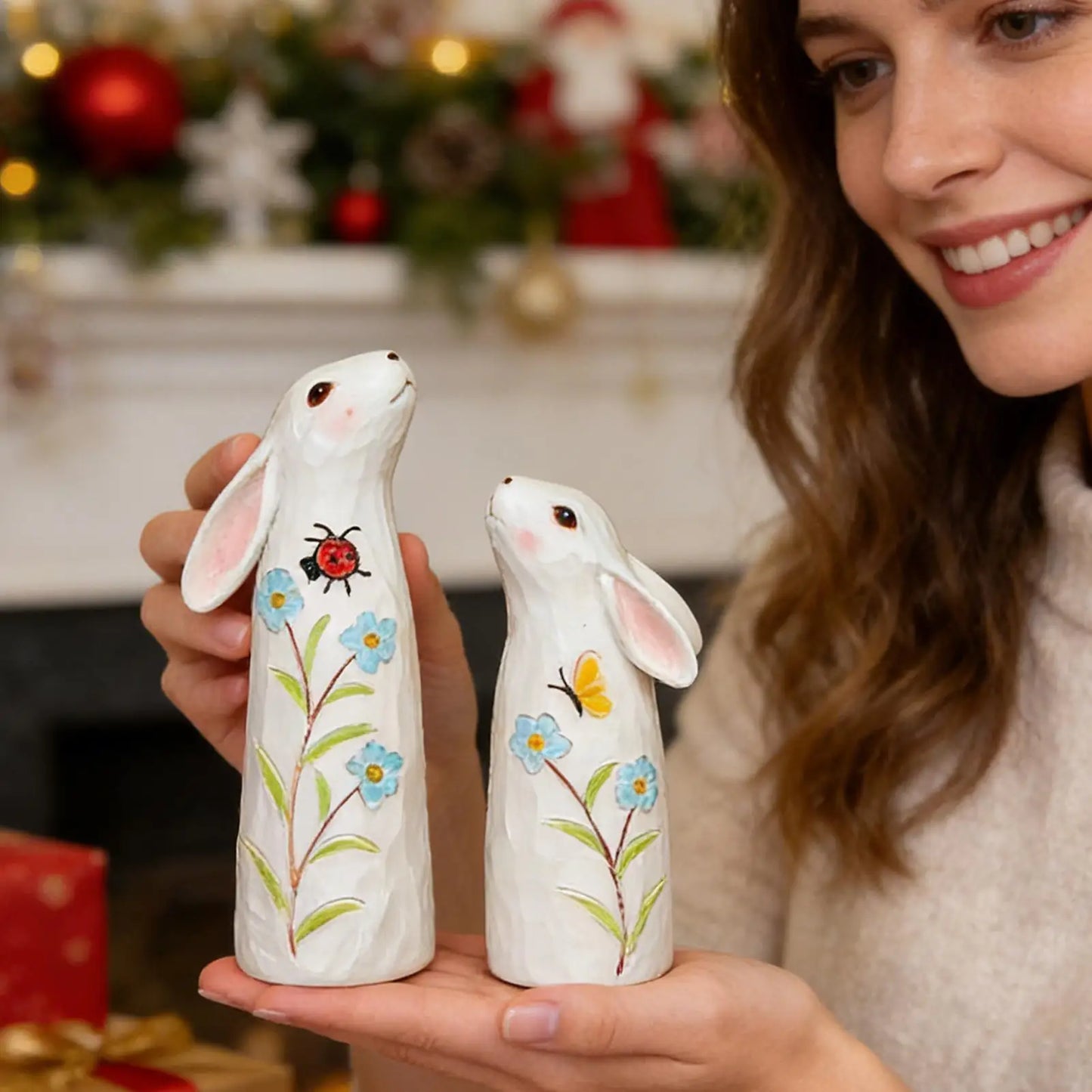 Easter Bunny Figurines Resin Seasonal Decoration Holiday Garden Sculpture for Bookcase Bookshelf Display Cabinet Dressing Table Peaceful Pleasures Health and Wellness