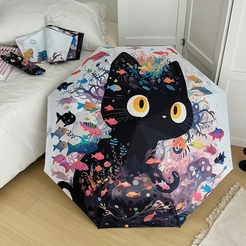 Cute Cat & Fish Folding Umbrella – UV & Rain Protection