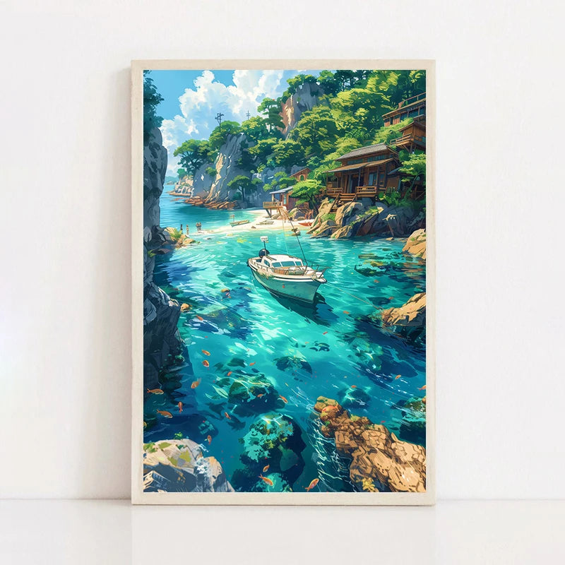 Seaside Town Landscape Canvas Wall Art | Coastal Poster Print