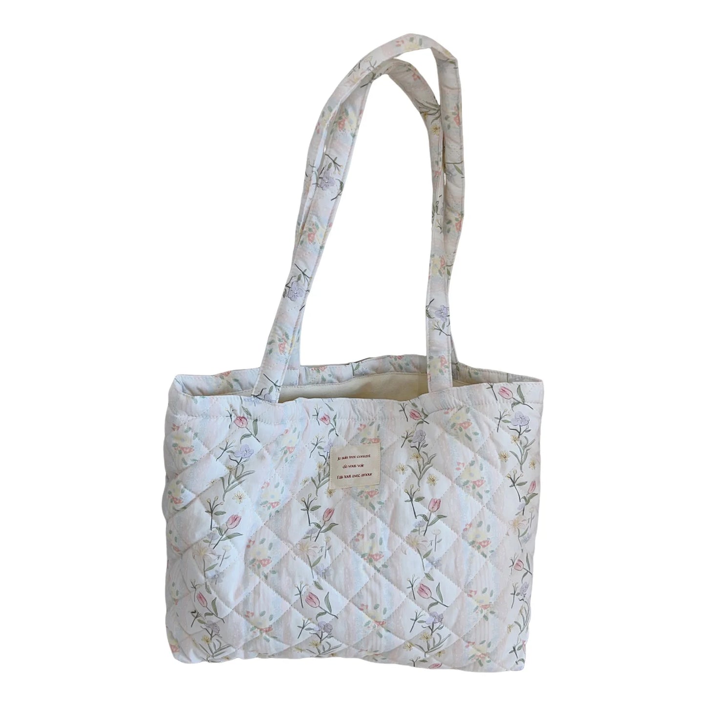 French Floral Quilted Tote Bag for Women Large Capacity Shoulder Handbag with Cotton Li-ning Stylish Mommy and Book Bag Peaceful Pleasures Health and Wellness 1