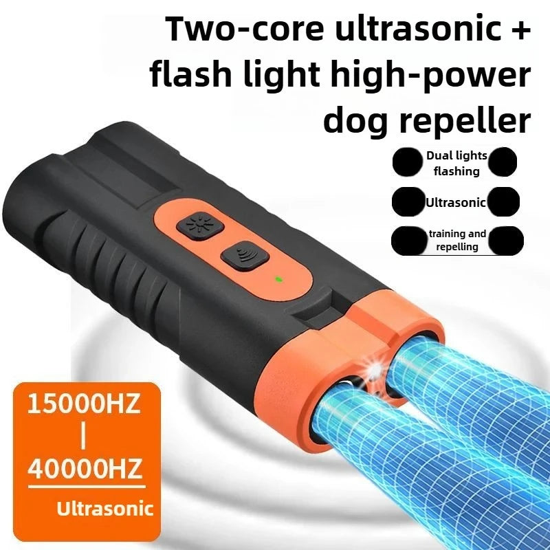 2025 Dual Head High Power Ultrasonic Dog Repeller USB Rechargeable Anti Barking Dog Training Device with LED Flashlight Peaceful Pleasures Health and Wellness Black