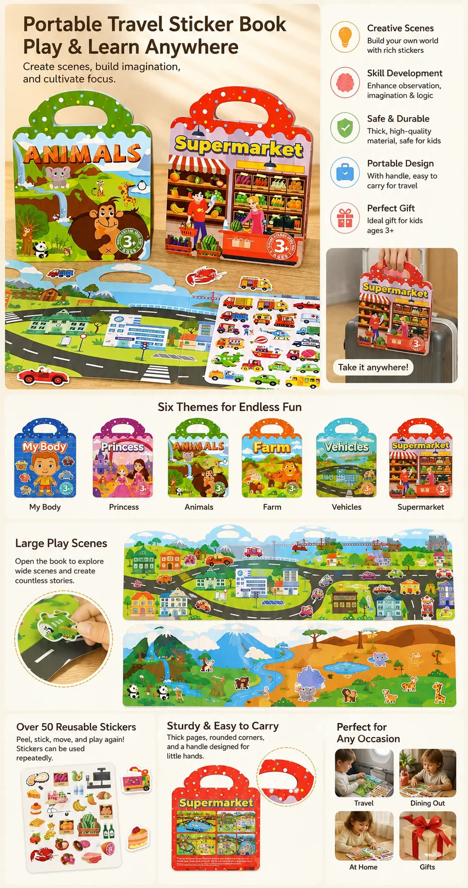 Reusable Sticker Books Kids Ages 3-6 Portable Travel Activity Book
