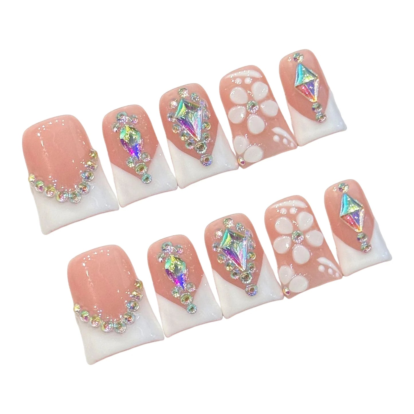 French Duckbill Press On Nails | Crystal Glitter Rhinestone Set