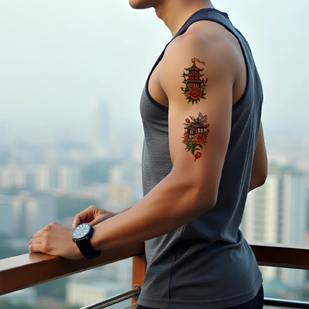 9-Pack Temporary Tattoo Stickers – Lighthouse, Flowers & Church