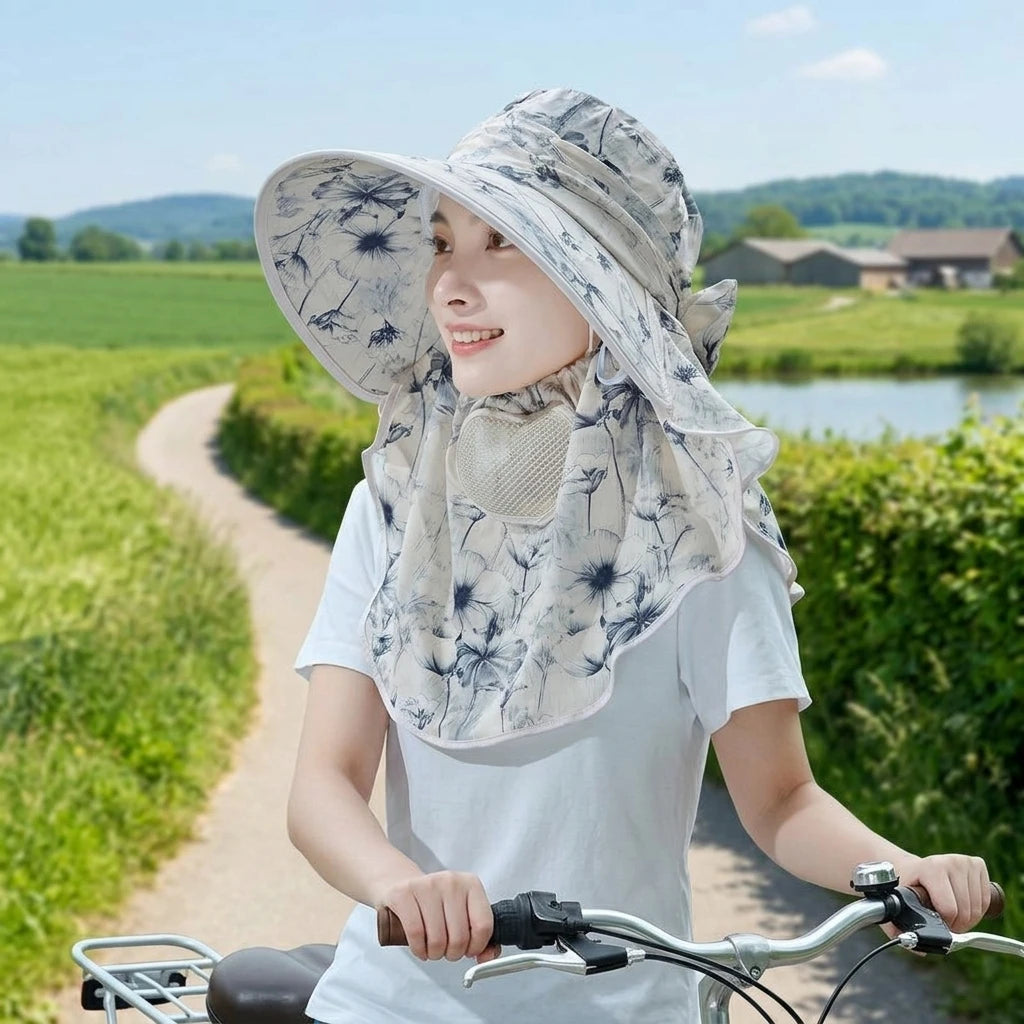Sun Protections Hat with Face-Mask UV Resistant Wide Brim for Outdoor Cycling Farming Peaceful Pleasures Health and Wellness